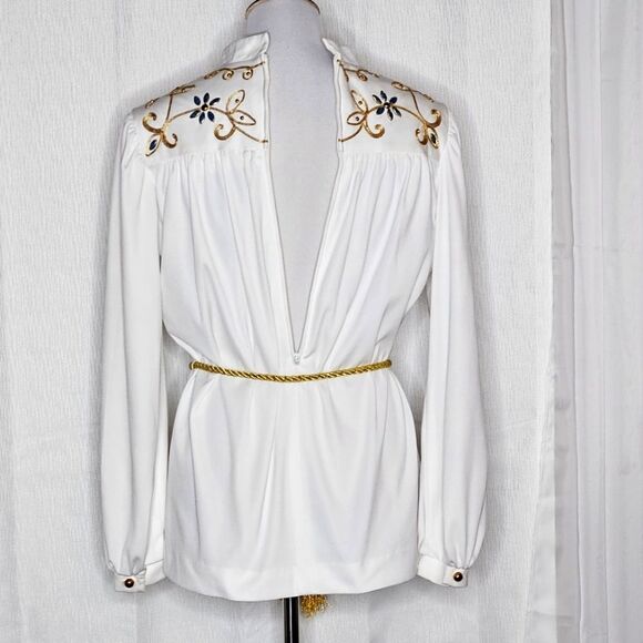 Vintage Caron Chicago Metallic Embroidery Stone Accents Pullover White Blouse - Picture 8 of 16